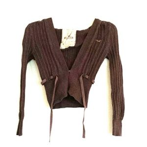 This is a Hollister brown half sweater with a hood