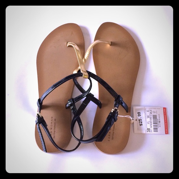 ZARA Gold & Black Patent T-strap Sandals - Picture 1 of 3