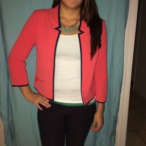 Pink/ peachy blazer with navy blue trimming