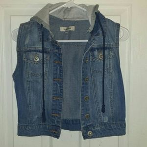 Denim Vest With Hood & Buttons