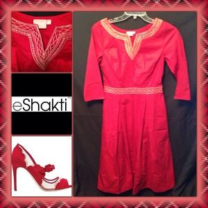 Red graphic embroidery eShakti poplin dress NEW