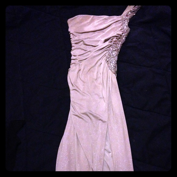 Gray long sparkly one shoulder dress with slit