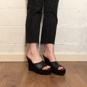 90s style chunky black leather wedge slide heels