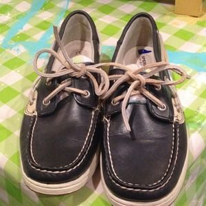 🎈Navy leather Sperry Top Siders with plaid sides