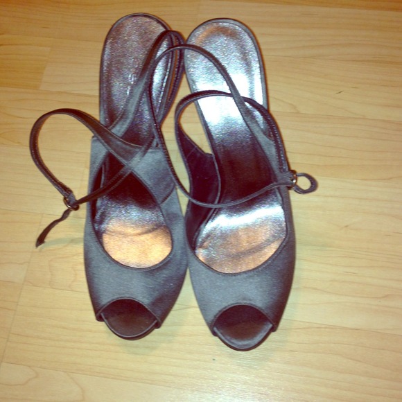 Size 9 Bebe Grey Satin Ankle Strap Heels