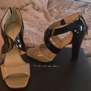 Nude and black patent leather Tahari sandals
