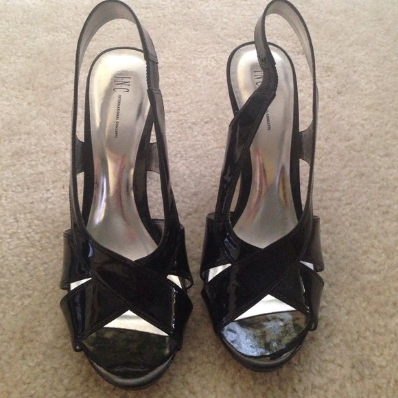 INC black patent sling back sandals