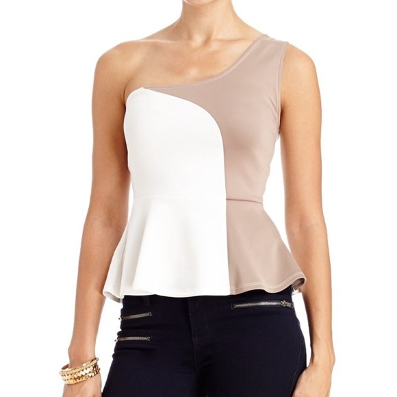 BEBE PEPLUM ONE SHOULDER MOCHA AND WHITE TOP - Picture 1 of 4