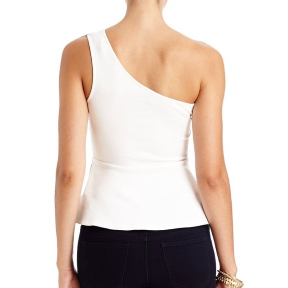 BEBE PEPLUM ONE SHOULDER MOCHA AND WHITE TOP - Picture 2 of 4