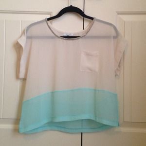 Sheer, white/mint top w/ beaded neckline