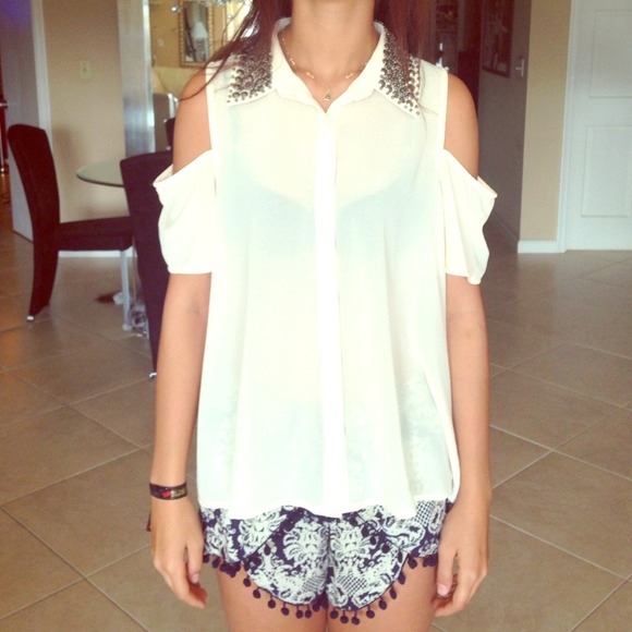 Lush Off-White Blouse w/ Beaded Collar