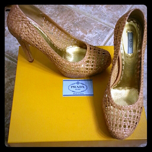 Authentic Prada raffia platform heels