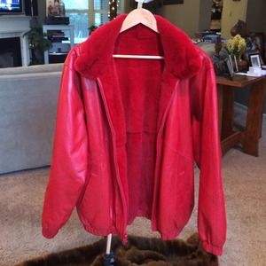 Red Leather Sheered Beaver Fur Coat