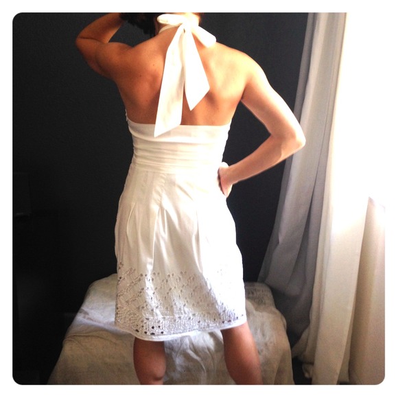 white cotton halter dress with eyelet detail