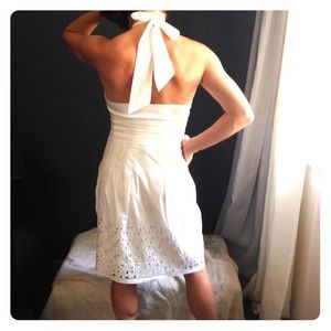 white cotton halter dress with eyelet detail