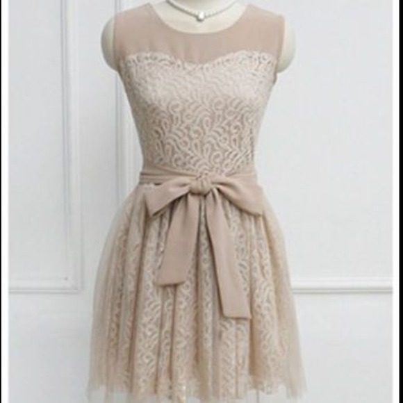Dresses & Skirts - Sleeveless tan lace skater dress with ribbon belt