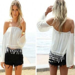 Fringe off the shoulder top w/ sleeves
