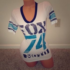 FOX RIDERS CO WHITE LOGO V–NECK SHIRT TOP TEE XS