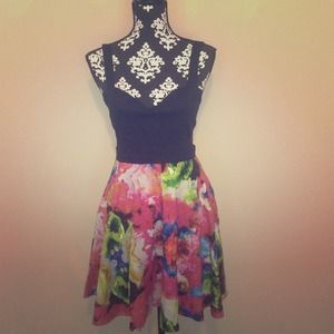 Black & Floral Print Cut Out Dress