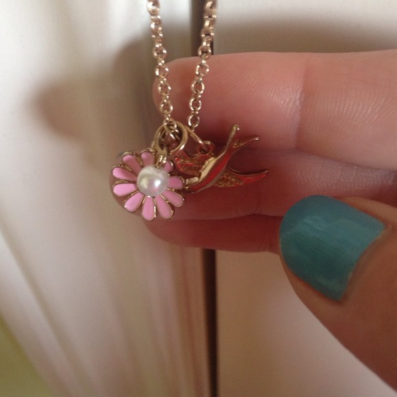 Flower, pearl, bird necklace