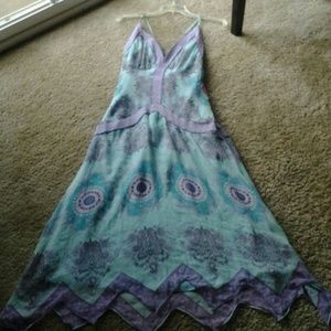 Soft turquoise and lavender chiffon dress.