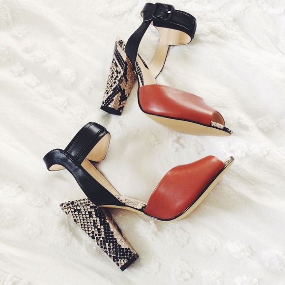 NWT Shoemint Snakeskin Black & Cognac Heels