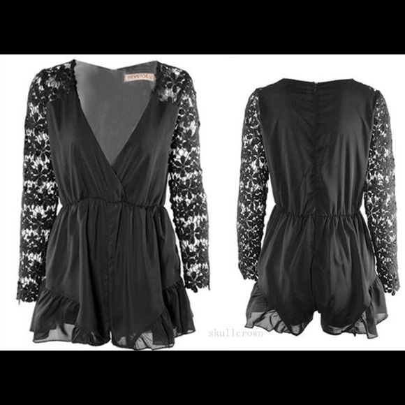 Floral sheer crochet flower sleeves romper black