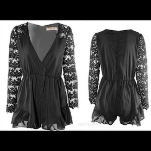 Floral sheer crochet flower sleeves romper black