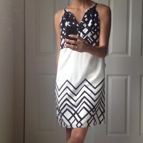 White and navy blue geometric motif summer dress