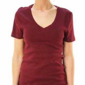 Maroon v-neck top.