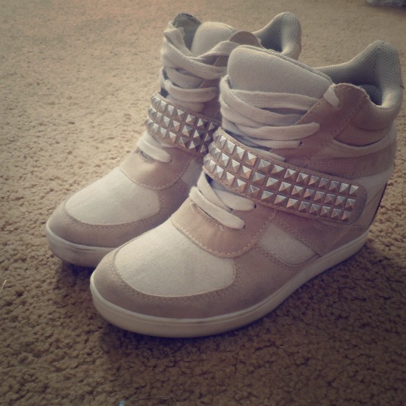 Beige Studded Sneaker Wedges