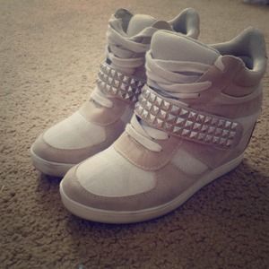 Beige Studded Sneaker Wedges