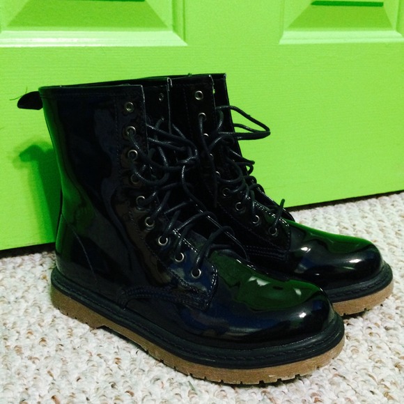 glossy black combat boots