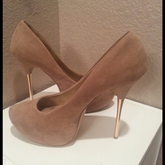 NUDE FOREVER 21 GOLD STILETTO PLATFORM HEELS, SZ 8 - Picture 1 of 4