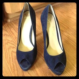 Blue Suede Peep Toe Pumps