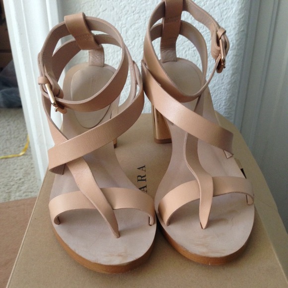 Zara Nude Pink Shiny Leather High Heel Sandals - Picture 2 of 4