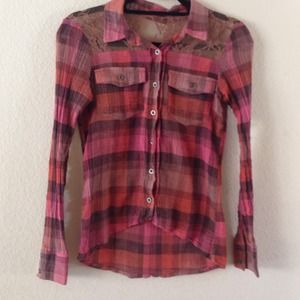 Red, brown, and pink plaid shirt