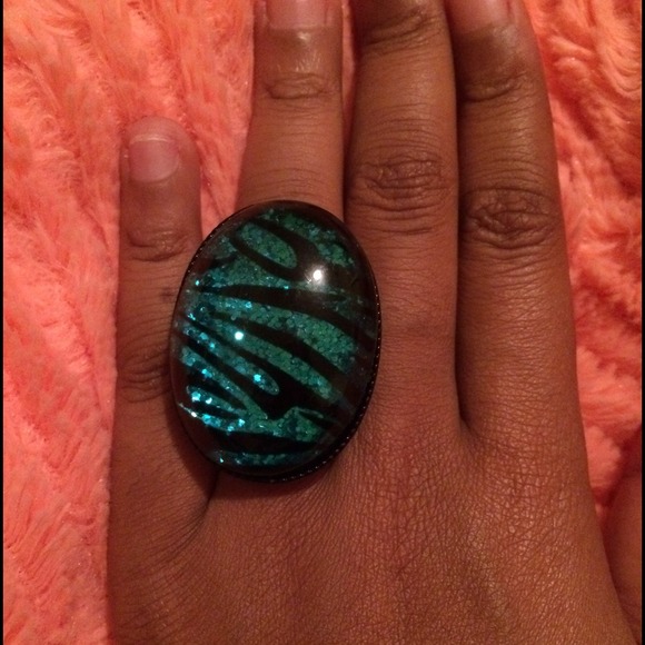 Teal and black zebra print ring