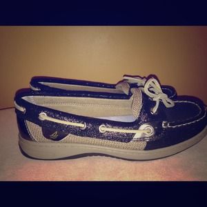 Sperry top-sider boat shoes in black glitter.