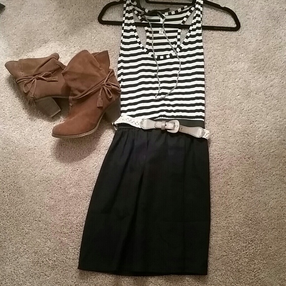 Navy/cream stripe dress w/crochet belt