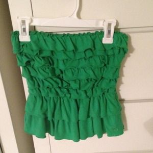 green ruffle strapless top