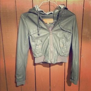 Grey Leather Jacket With Hood