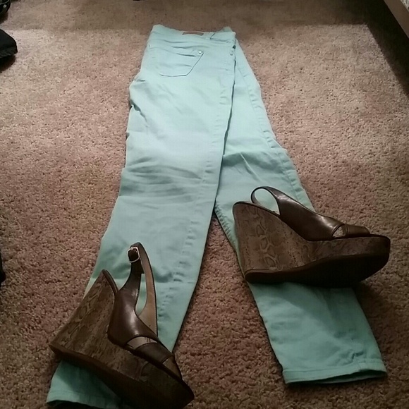 Aqua blue skinny jeans w/rose gold