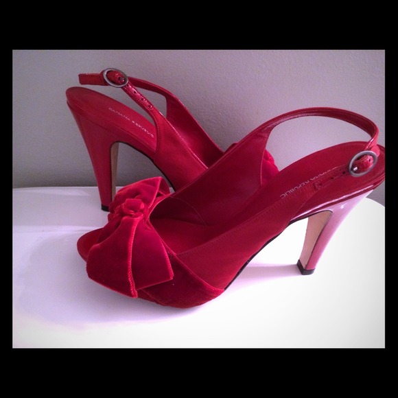 Velvet and patent peep toe sling backs