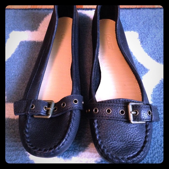 J Crew black Leather Moccasins