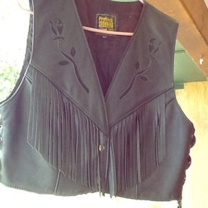 Leather die cut rose fringed vest