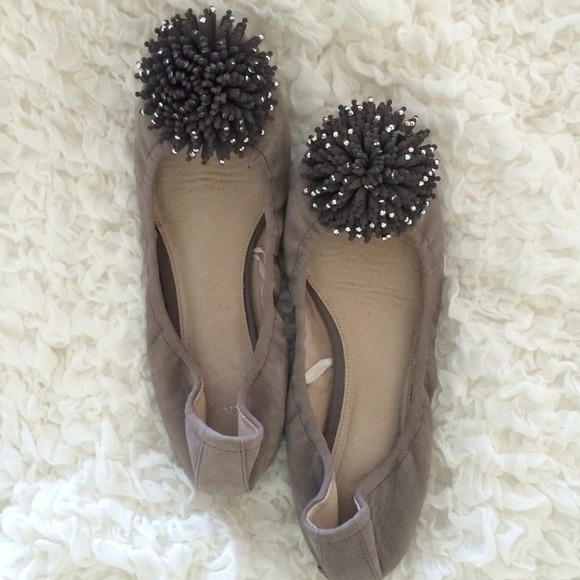 Gray Suede Pom-Pom Flats