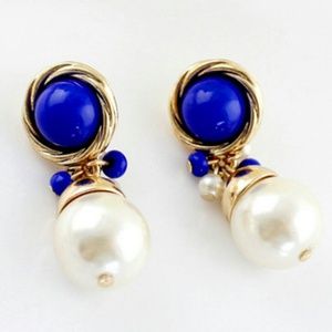 Blue White Bead Gold Earrings