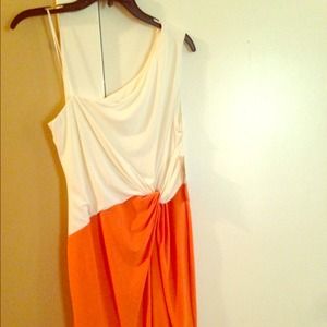 Cream and orange one shoulder dress.