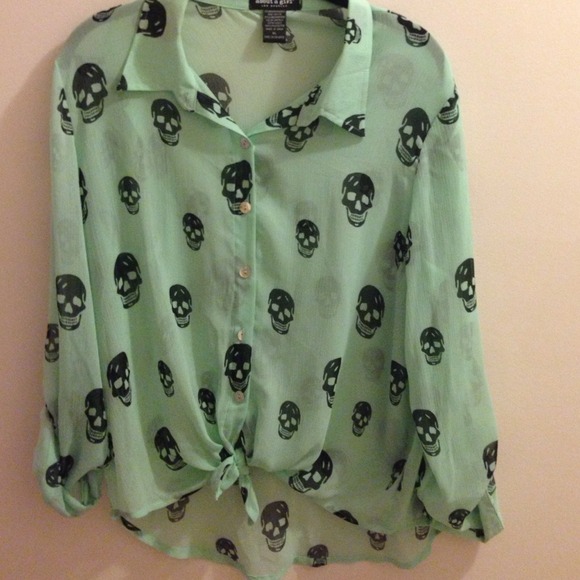 Mint Skull Chiffon Tie High Low Top